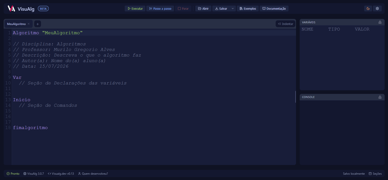 Interface do VisuAlg Web com editor de código, painel de variáveis e console