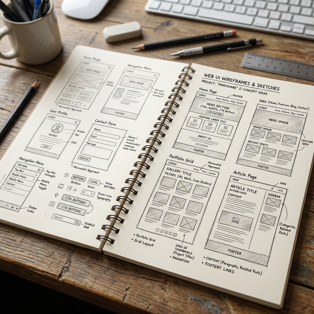 Wireframes desenhados no papel