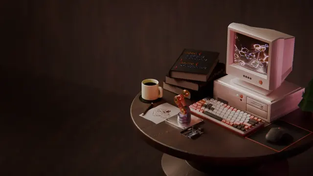 Mesa criativa com computador retrô, livros, teclado e anotações visuais.