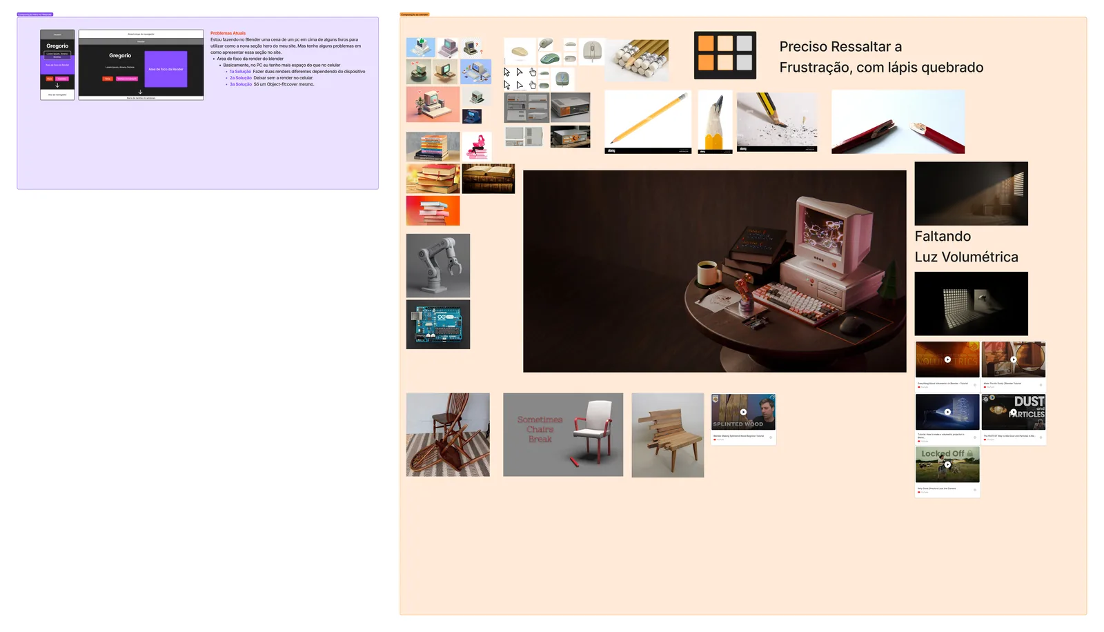 Moodboard e rascunhos usados para planejar a nova seção hero.